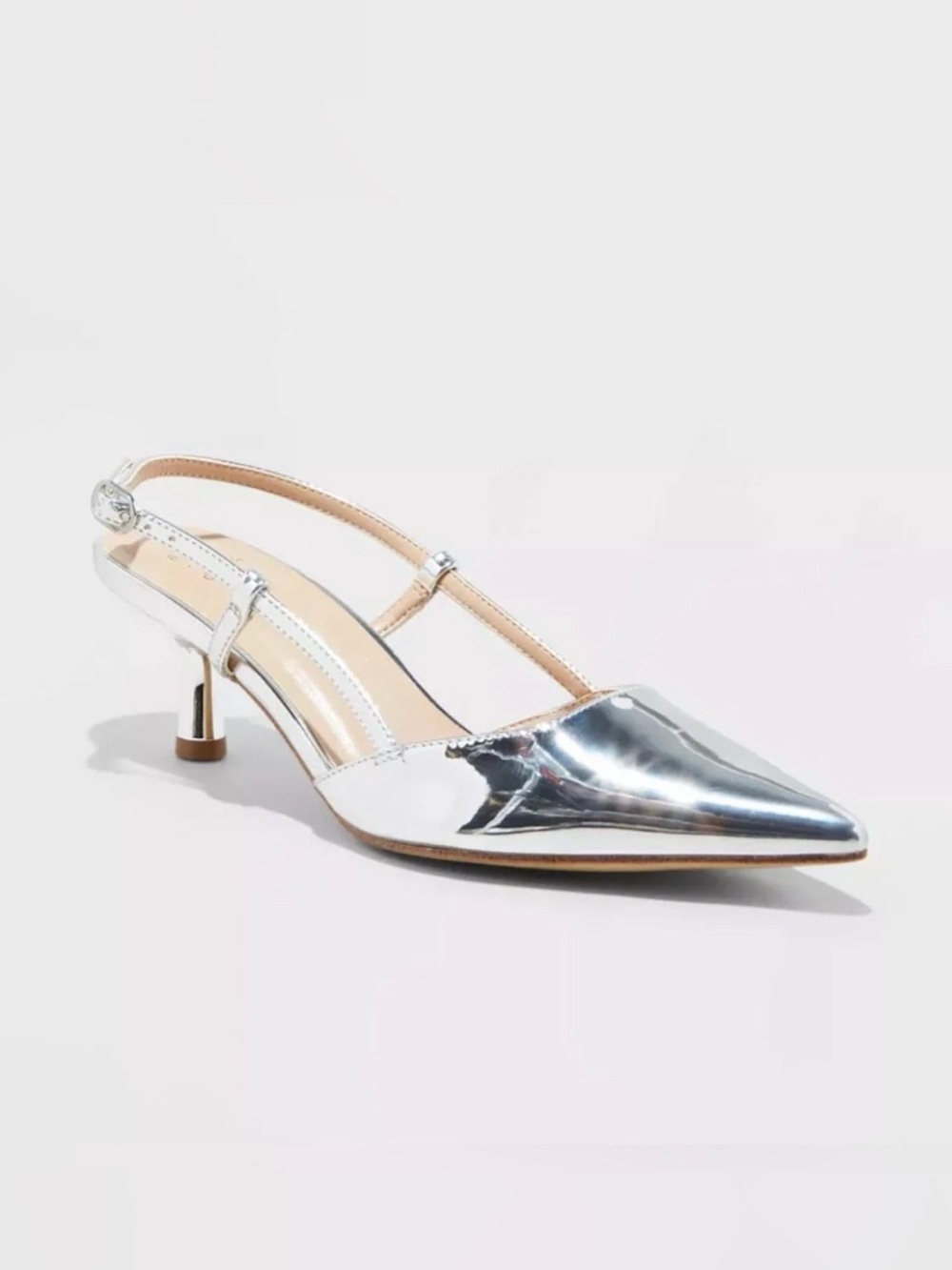 A New Day Silver Pointed Toe Slingback Kitten Heels 9.5
